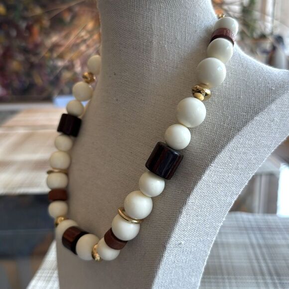 Vintage Kenneth J Lane Signed Necklace with Wood, Beads & Gold Tone Accents. - Picture 2 of 7